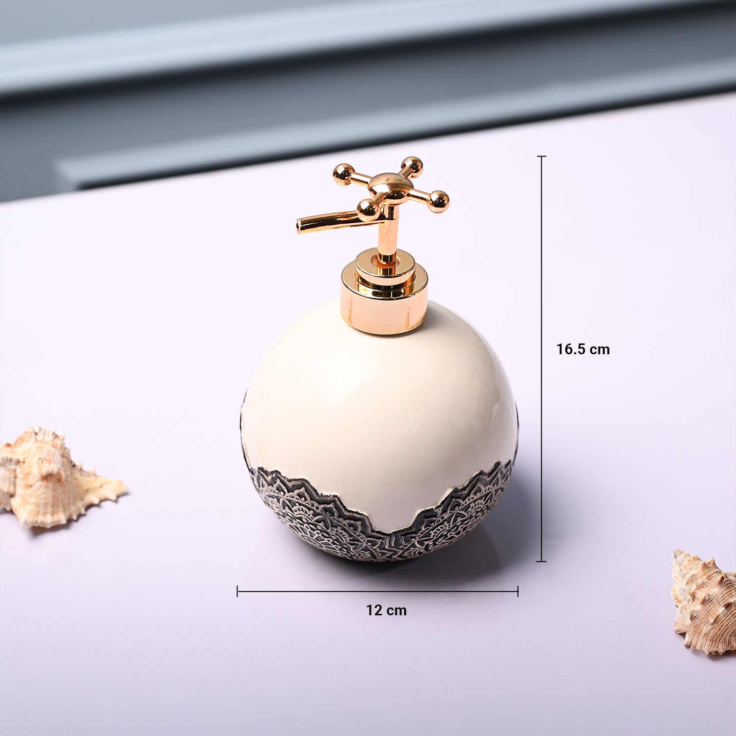 Ceramic White Round Soap Dispenser - Embossed Glossy Finish