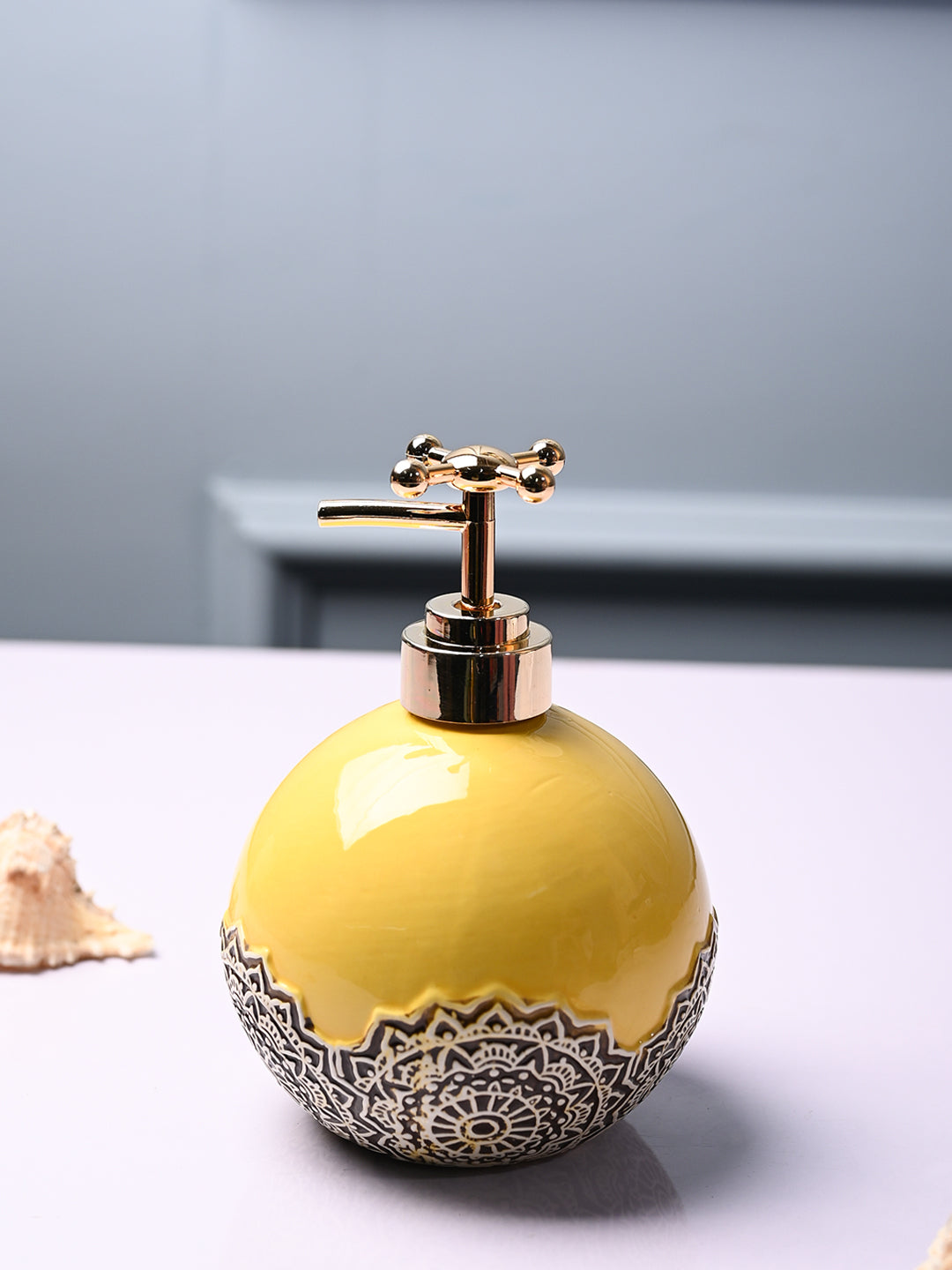 Ceramic Yellow Round Soap Dispenser - Embossed Glossy Finish