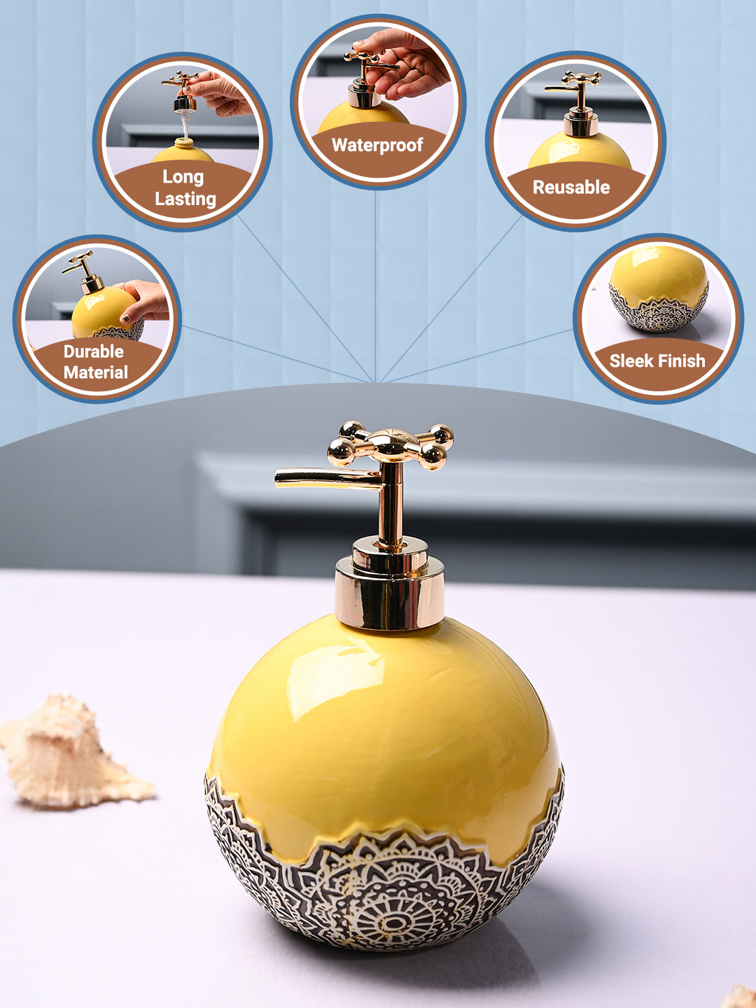 Ceramic Yellow Round Soap Dispenser - Embossed Glossy Finish