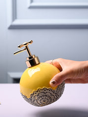 Ceramic Yellow Round Soap Dispenser - Embossed Glossy Finish