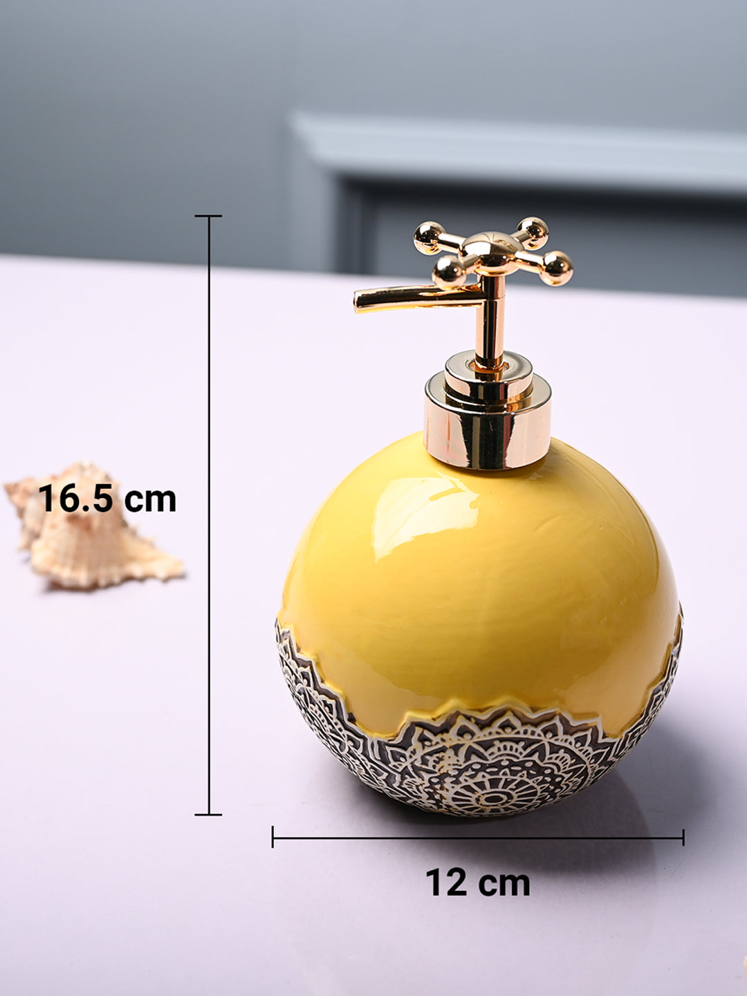 Ceramic Yellow Round Soap Dispenser - Embossed Glossy Finish