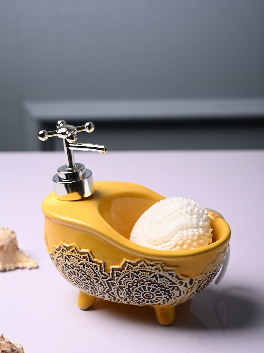 Ceramic Yellow Bath Tub Shaped Soap Dispenser - Embossed Glossy Finish