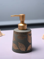 Ceramic Grey Cylindrical Soap Dispenser - Leaf Print Matte Finish