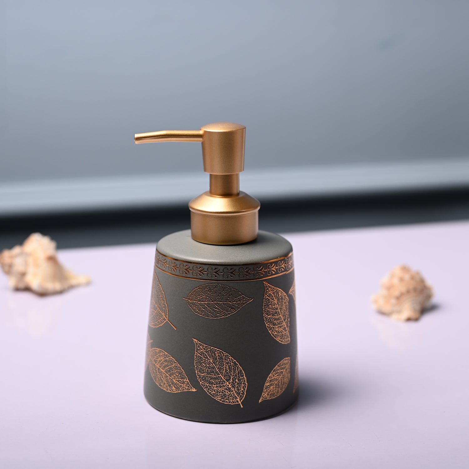Ceramic Grey Cylindrical Soap Dispenser - Leaf Print Matte Finish