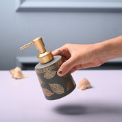 Ceramic Grey Cylindrical Soap Dispenser - Leaf Print Matte Finish