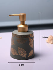 Ceramic Grey Cylindrical Soap Dispenser - Leaf Print Matte Finish