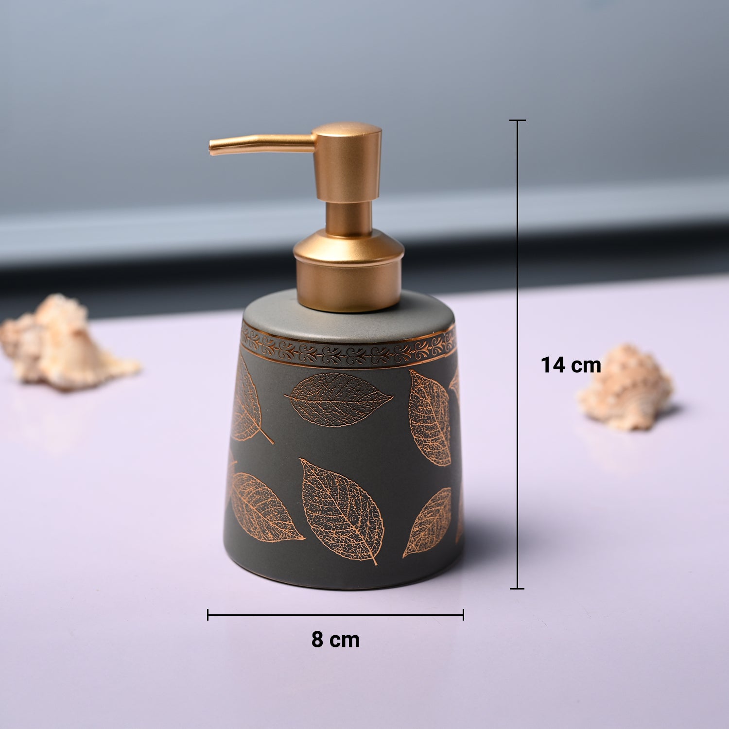 Ceramic Grey Cylindrical Soap Dispenser - Leaf Print Matte Finish