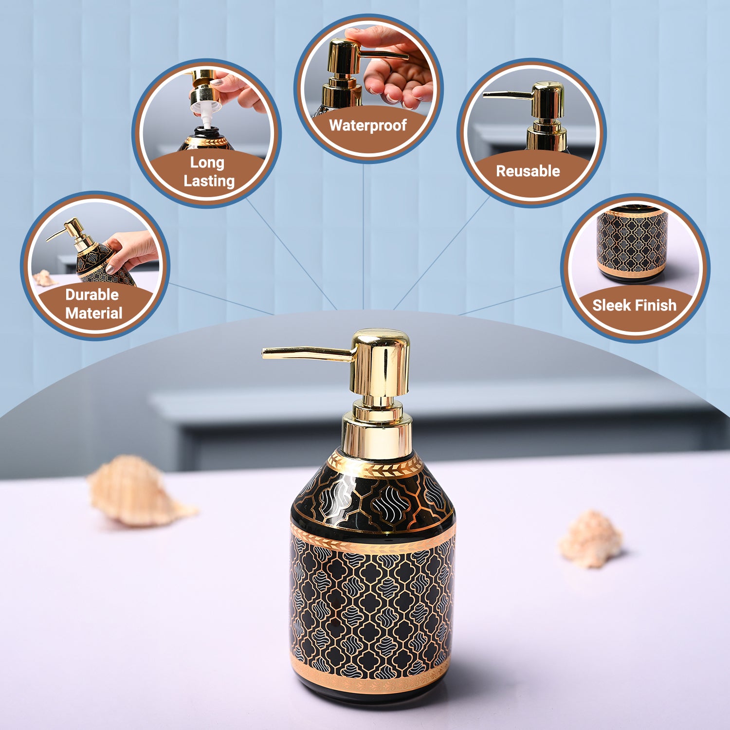 Ceramic Black Soap Dispenser - Geometrical Glossy Finish