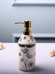 Ceramic Off White Cylindrical Soap Dispenser - Flower Design Glossy Finish