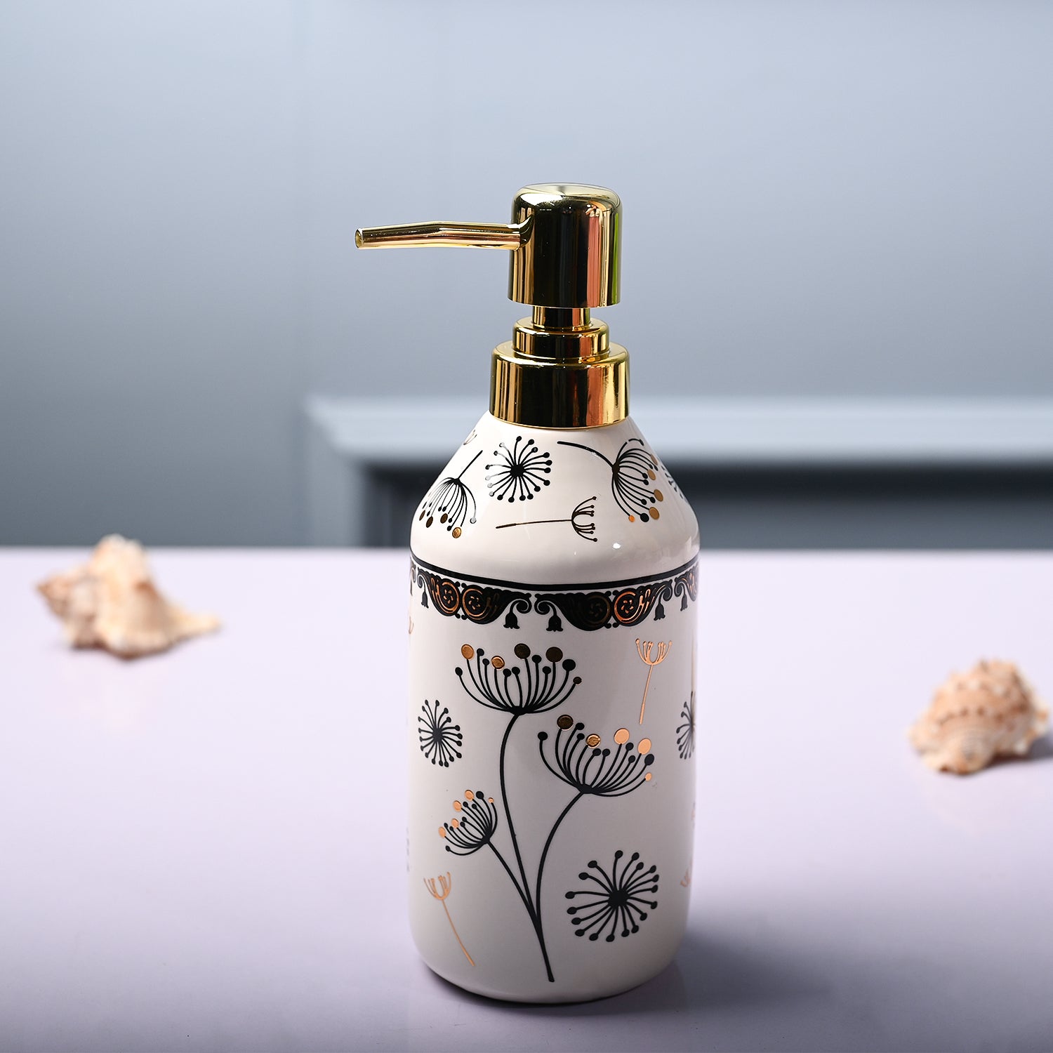 Ceramic Off White Cylindrical Soap Dispenser - Flower Design Glossy Finish