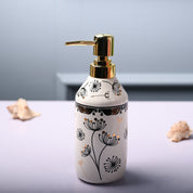 Ceramic Off White Cylindrical Soap Dispenser - Flower Design Glossy Finish