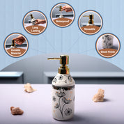 Ceramic Off White Cylindrical Soap Dispenser - Flower Design Glossy Finish