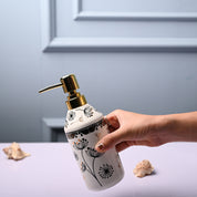 Ceramic Off White Cylindrical Soap Dispenser - Flower Design Glossy Finish