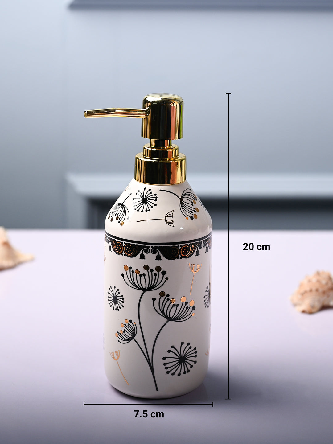 Ceramic Off White Cylindrical Soap Dispenser - Flower Design Glossy Finish