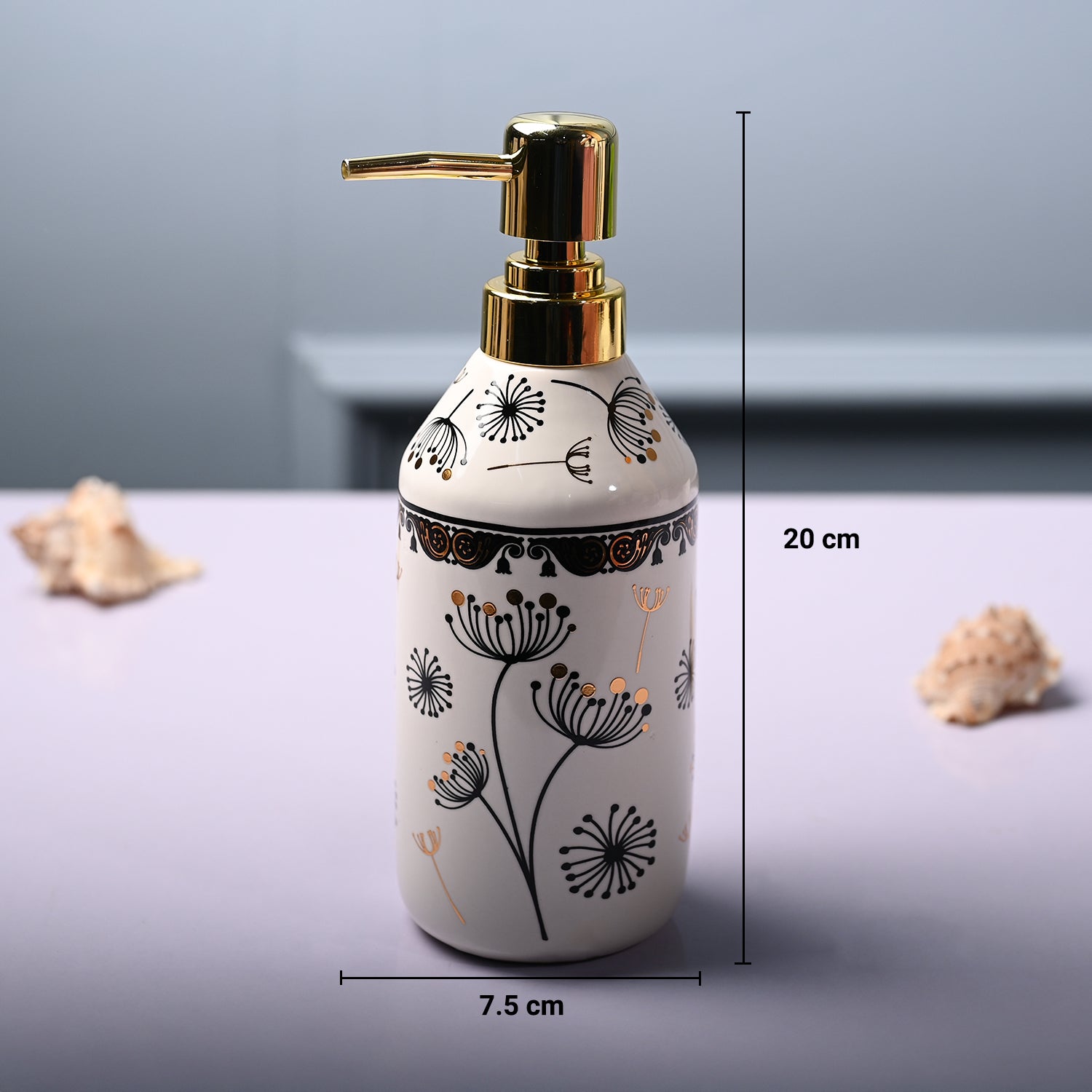 Ceramic Off White Cylindrical Soap Dispenser - Flower Design Glossy Finish