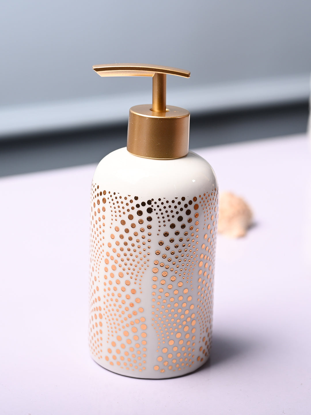 Ceramic Off White Cylindrical Soap Dispenser - Dot Design Glossy Finish