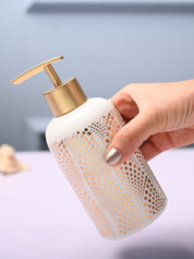 Ceramic Off White Cylindrical Soap Dispenser - Dot Design Glossy Finish