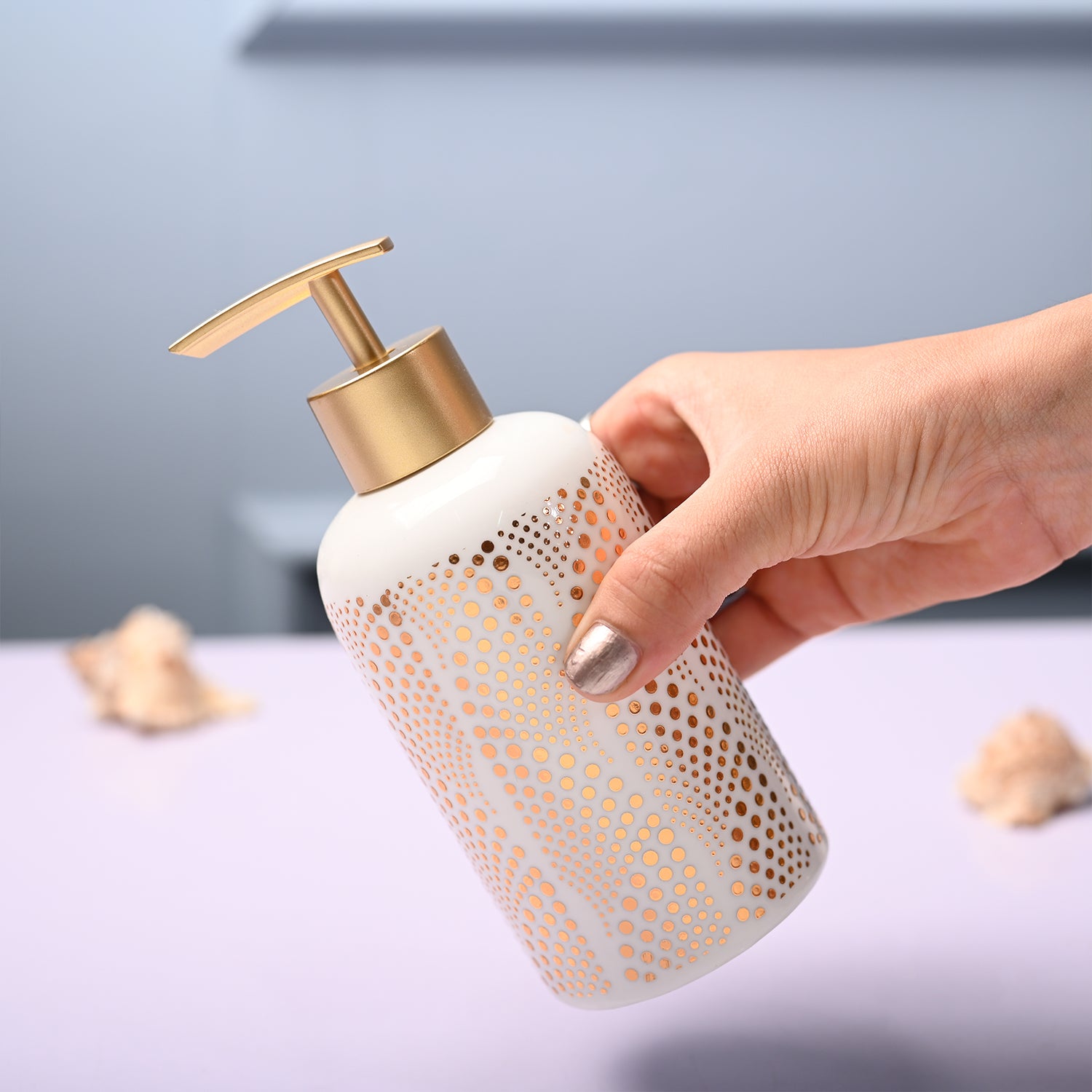 Ceramic Off White Cylindrical Soap Dispenser - Dot Design Glossy Finish
