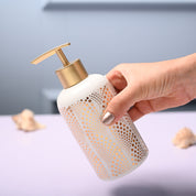 Ceramic Off White Cylindrical Soap Dispenser - Dot Design Glossy Finish