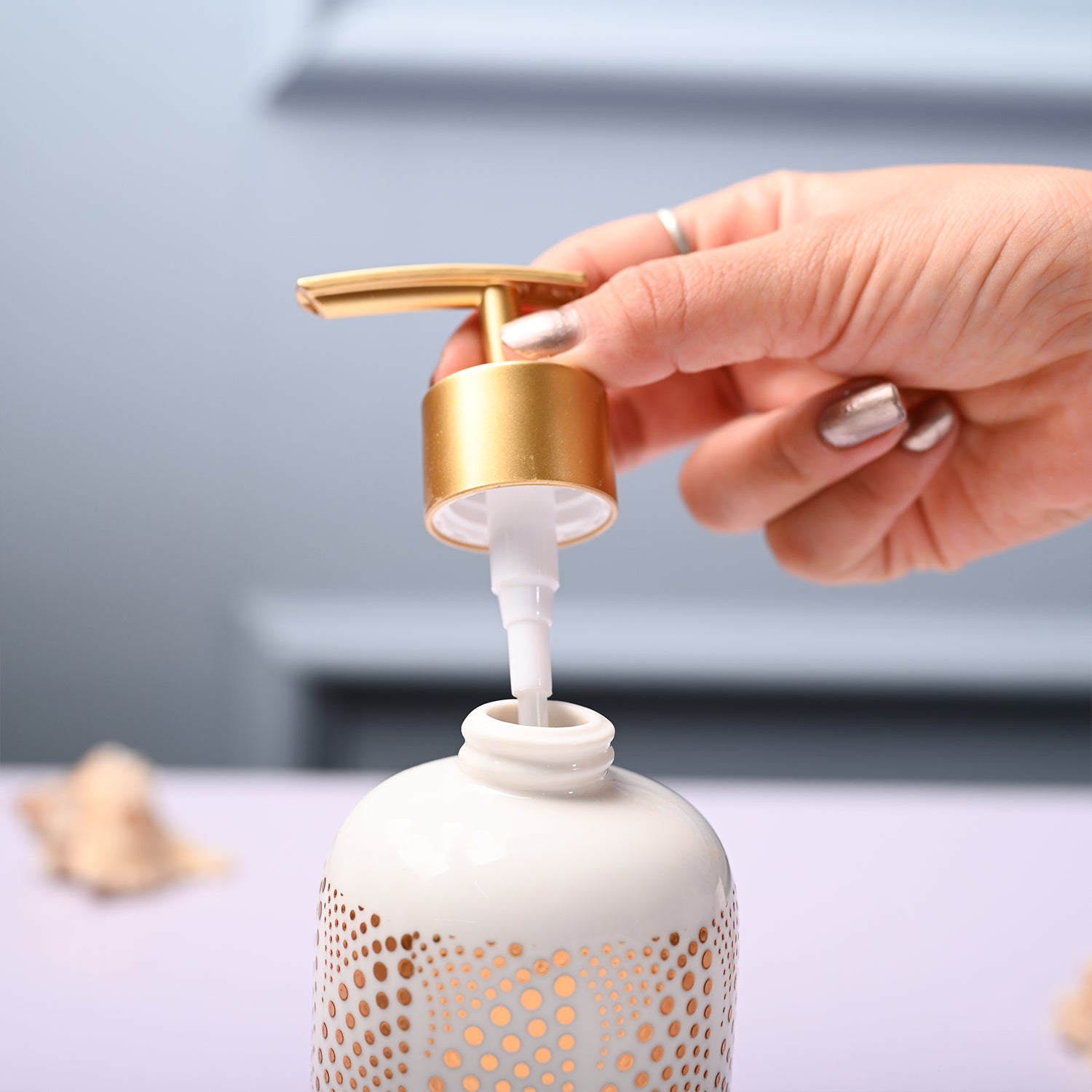 Ceramic Off White Cylindrical Soap Dispenser - Dot Design Glossy Finish