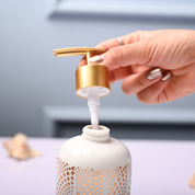 Ceramic Off White Cylindrical Soap Dispenser - Dot Design Glossy Finish