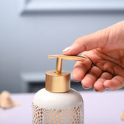 Ceramic Off White Cylindrical Soap Dispenser - Dot Design Glossy Finish