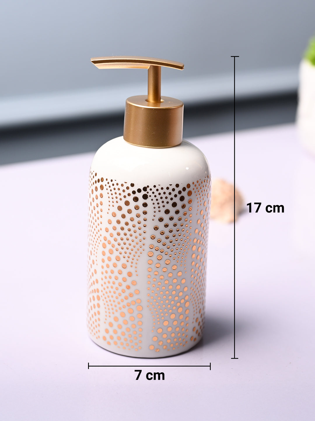 Ceramic Off White Cylindrical Soap Dispenser - Dot Design Glossy Finish