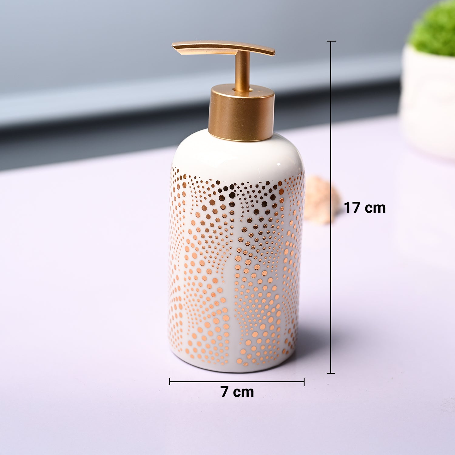 Ceramic Off White Cylindrical Soap Dispenser - Dot Design Glossy Finish