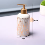 Ceramic Off White Cylindrical Soap Dispenser - Dot Design Glossy Finish