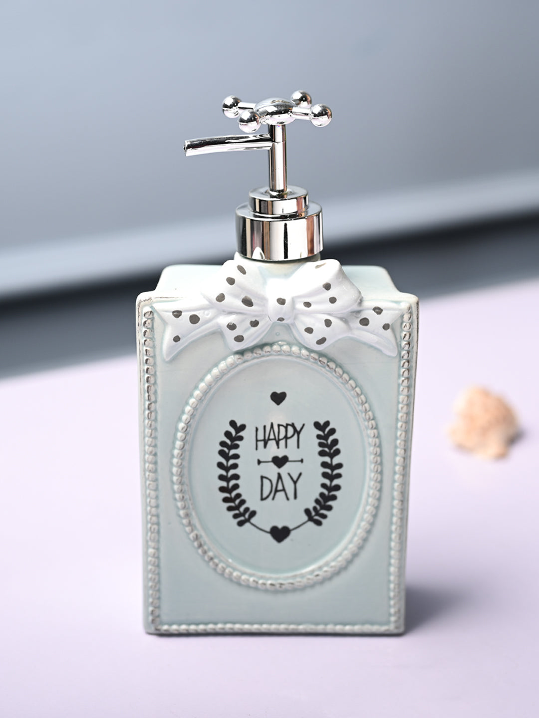 Ceramic Teal Green Rectangle Soap Dispenser - Happy Day Print Matte Finish