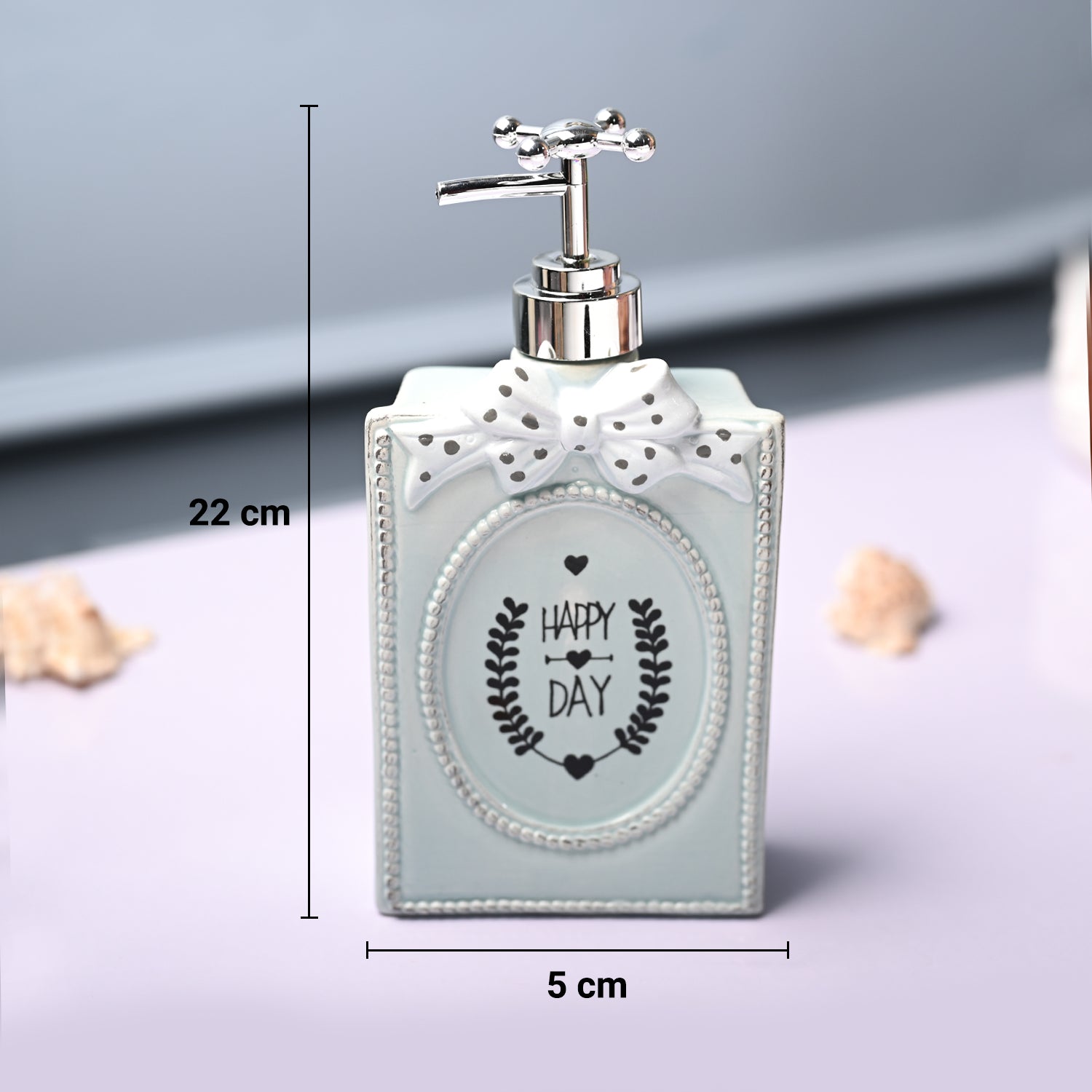 Ceramic Teal Green Rectangle Soap Dispenser - Happy Day Print Matte Finish