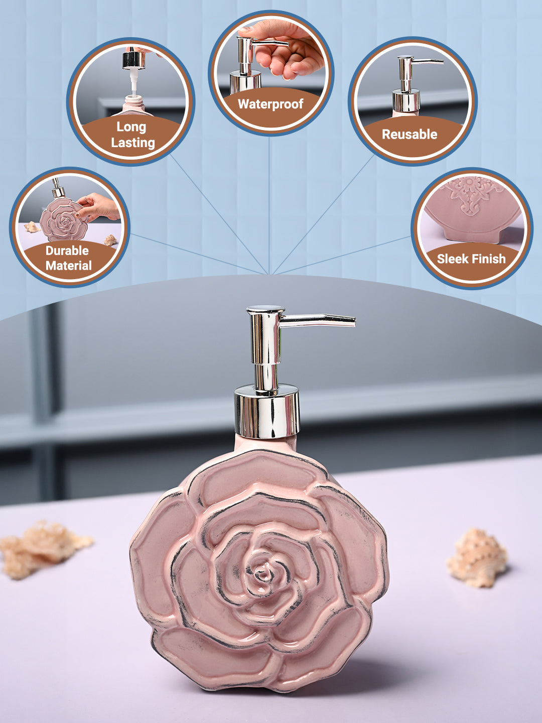 Ceramic Pink Rose Shaped Soap Dispenser - Flower Design Matte Finish