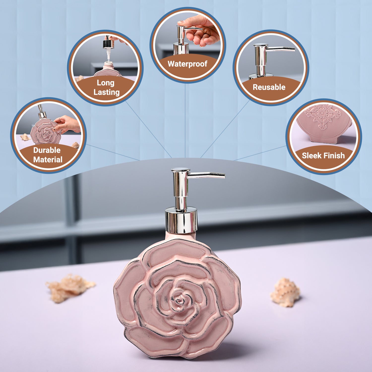 Ceramic Pink Rose Shaped Soap Dispenser - Flower Design Matte Finish