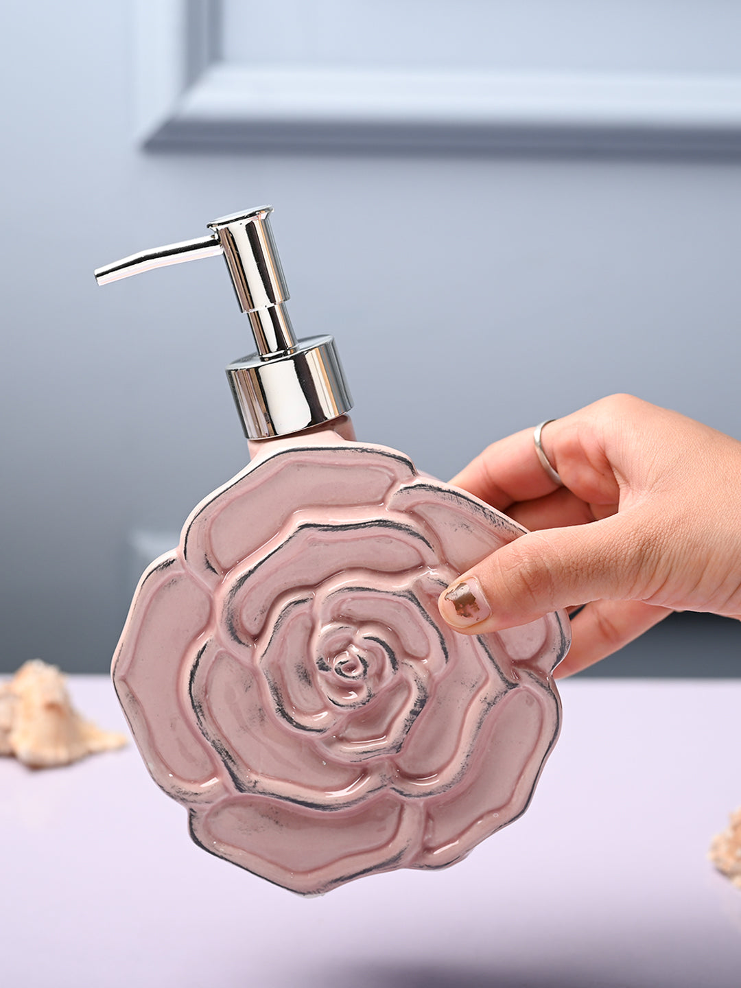 Ceramic Pink Rose Shaped Soap Dispenser - Flower Design Matte Finish