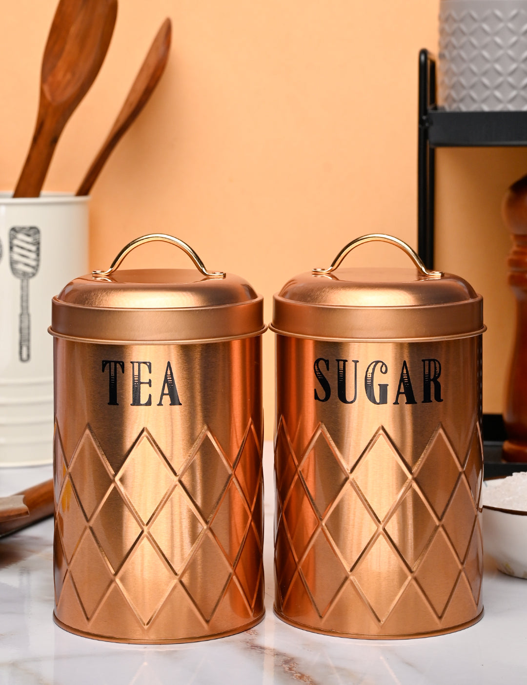 Market99 Tea & Sugar Jar Set of 2 - Golden Tin Glossy Finish - MARKET99