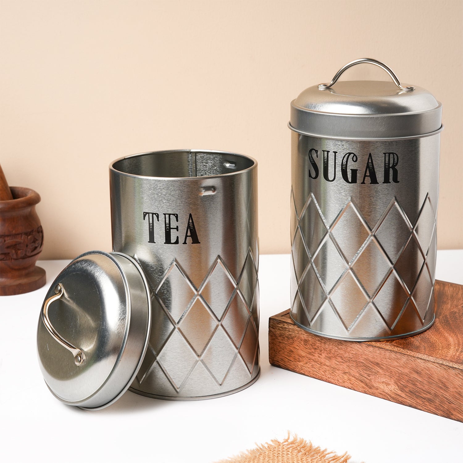 Market99 Tea & Sugar Jar Set of 2 - Golden Tin Glossy Finish