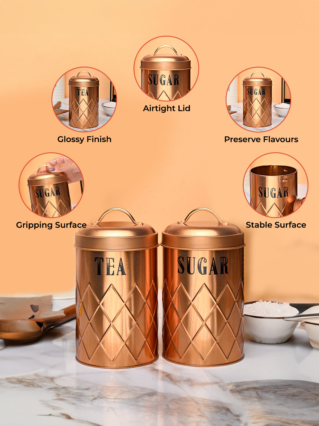 Market99 Tea & Sugar Jar Set of 2 - Golden Tin Glossy Finish - MARKET99