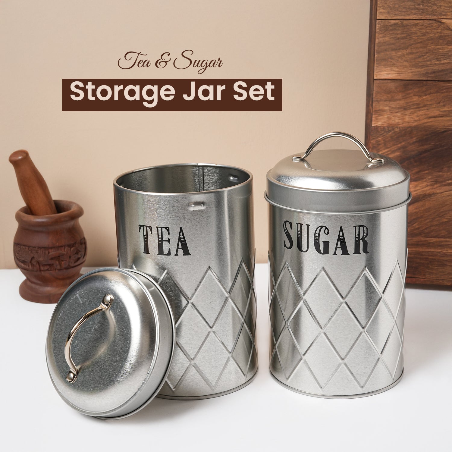 Market99 Tea & Sugar Jar Set of 2 - Golden Tin Glossy Finish