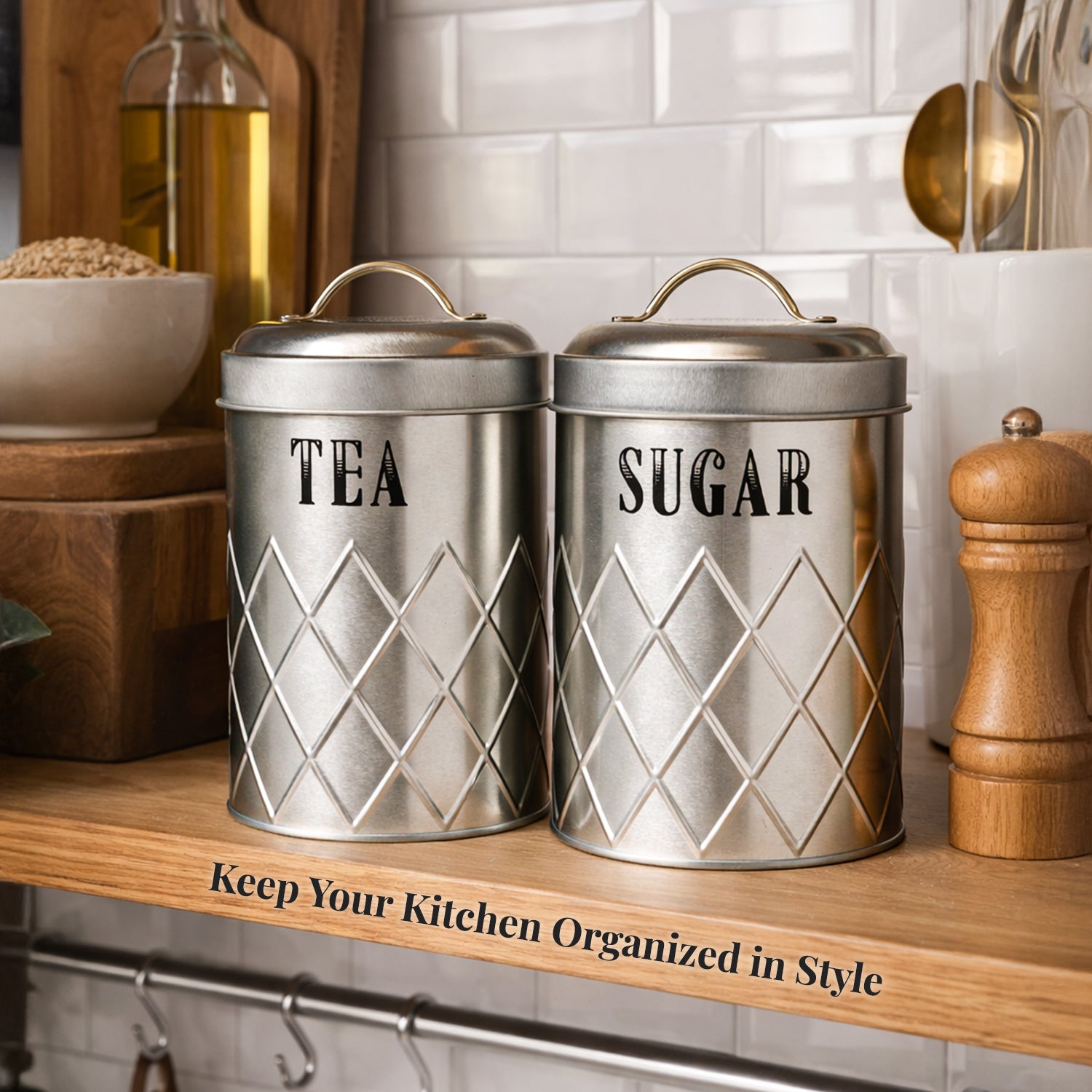 Market99 Tea & Sugar Jar Set of 2 - Golden Tin Glossy Finish