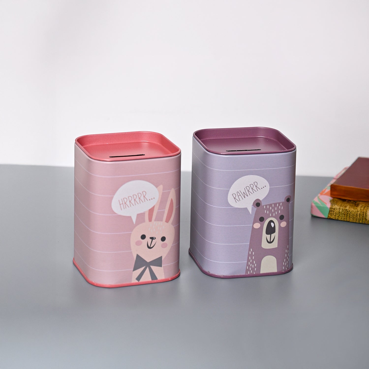 Market99 Money Bank Novelty Toys Set of 2 - Grey & Pink Tin Glossy Finish