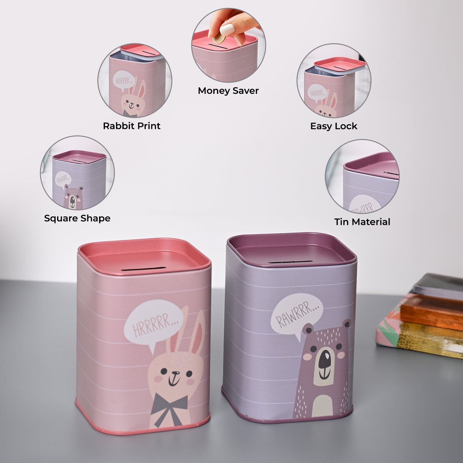 Market99 Money Bank Novelty Toys Set of 2 - Grey & Pink Tin Glossy Finish