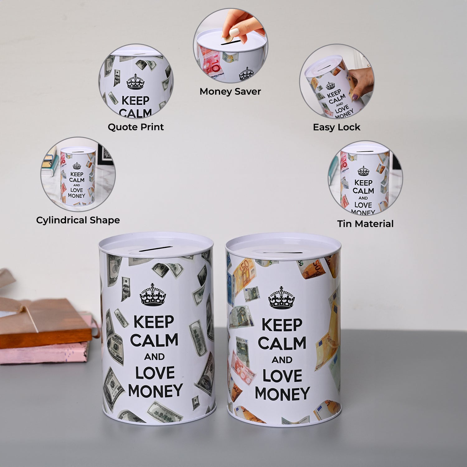 Market99 Money Bank Novelty Toys - White Tin Cylindrical Glossy Finish