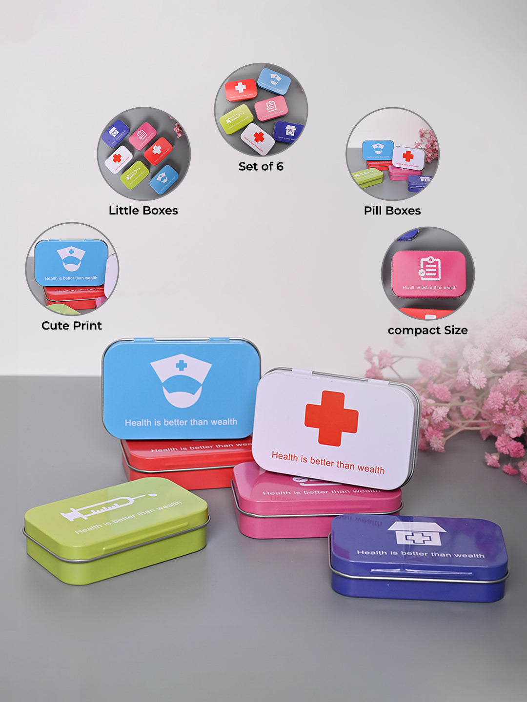 Market99 Pill Box Organizer Set of 6 - Multi Tin Glossy Finish