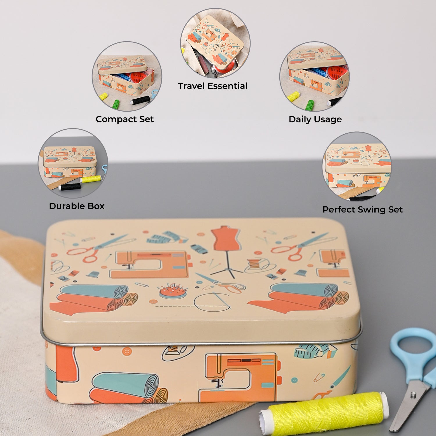 Market99 Sewing Set - Beige Tin Rectangular Glossy Finish