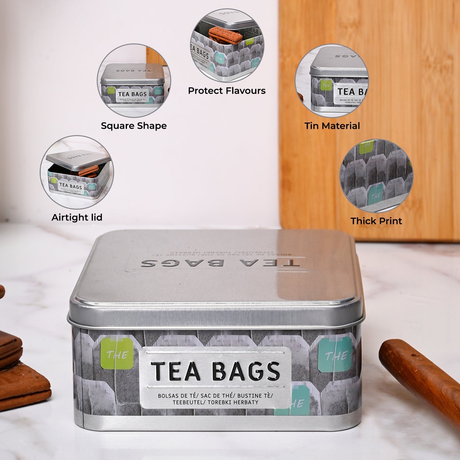 Market99 Container Storage Tin Box - Tea Bag White Square Glossy Finish