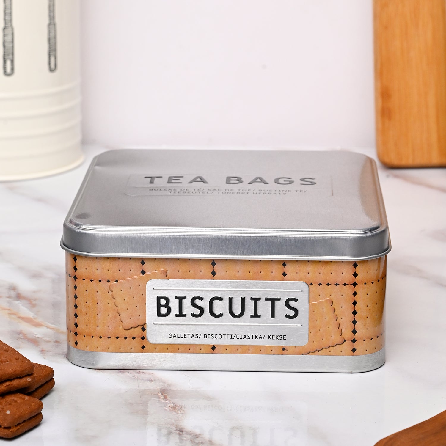 Market99 Container Storage Tin Box - Biscuits White Square Glossy Finish