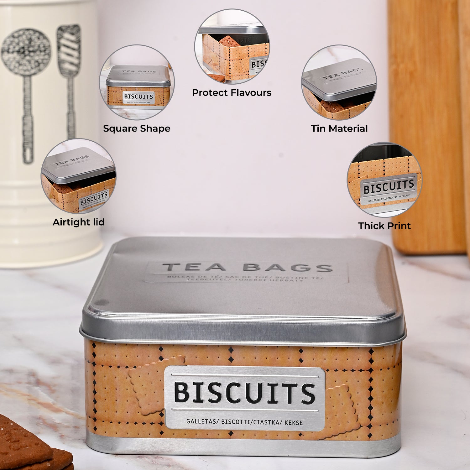 Market99 Container Storage Tin Box - Biscuits White Square Glossy Finish