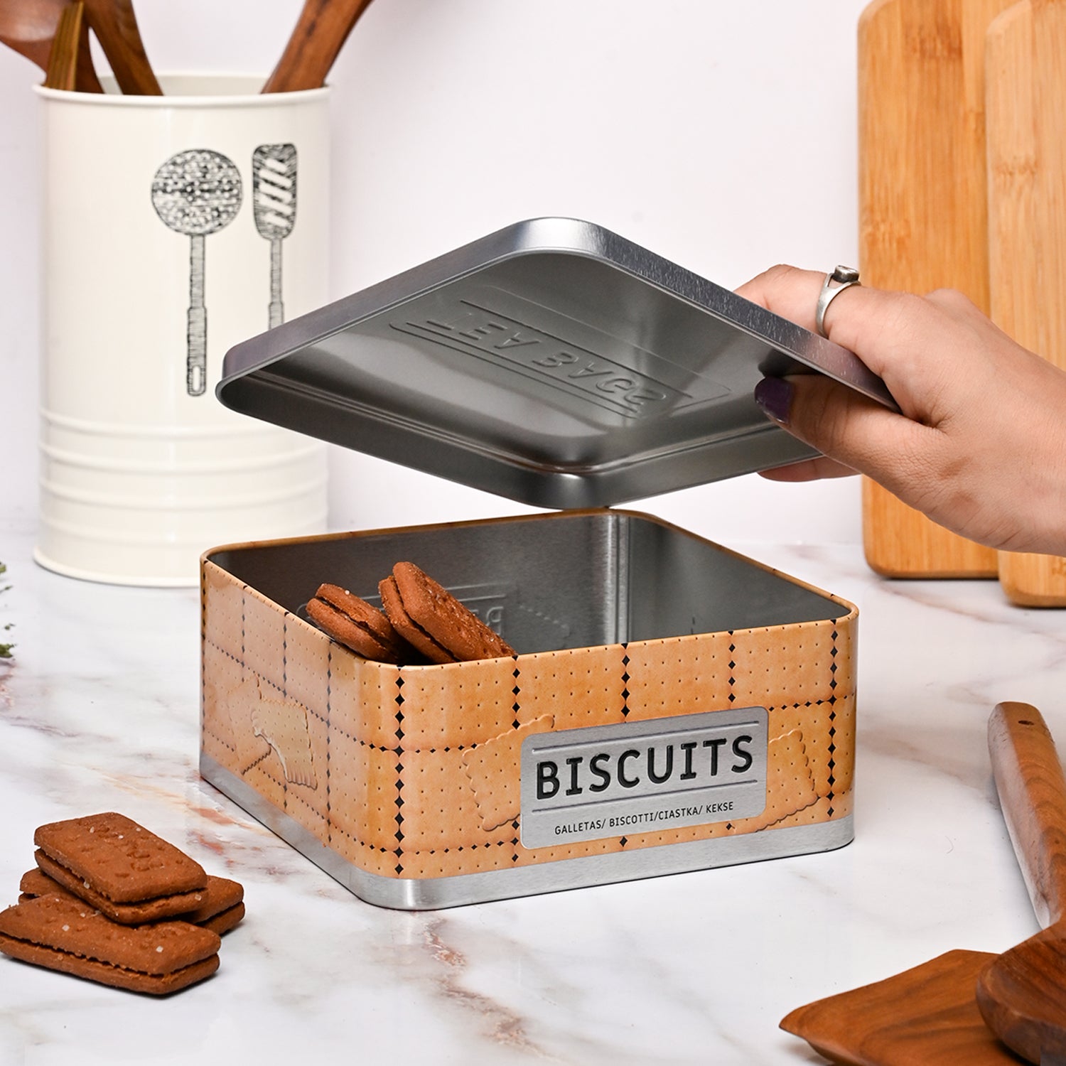 Market99 Container Storage Tin Box - Biscuits White Square Glossy Finish