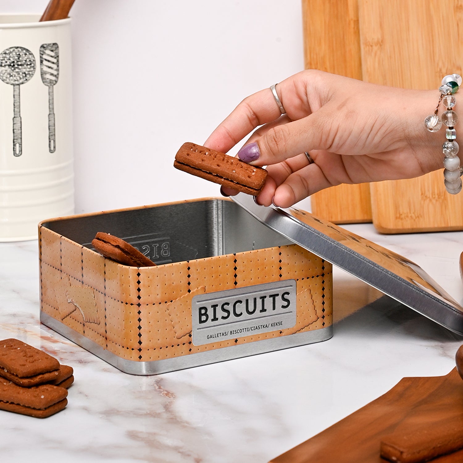 Market99 Container Storage Tin Box - Biscuits White Square Glossy Finish