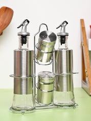 VON CASA Condiment Set Salt & Pepper with 2 Oil Dispenser Set with Stand - Stainless Steel Glossy Finish - MARKET99